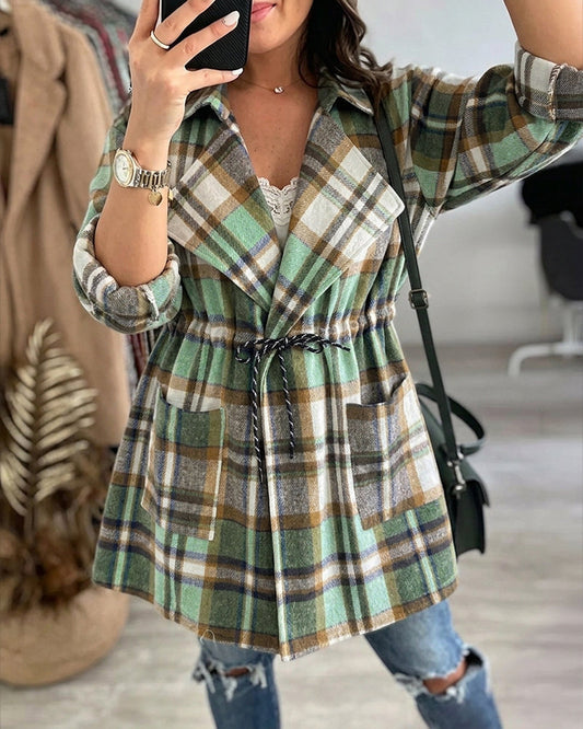 Abrigo de cuadros, de manga larga, con cuello camisero, con botones