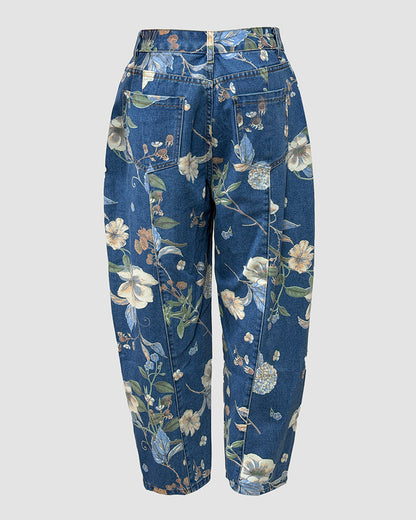 Vaqueros con estampado floral, con botones, con cremallera, con bolsillos