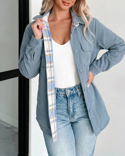 Sobrecamisa de cuadros, liso, de manga larga, con cuello camisero