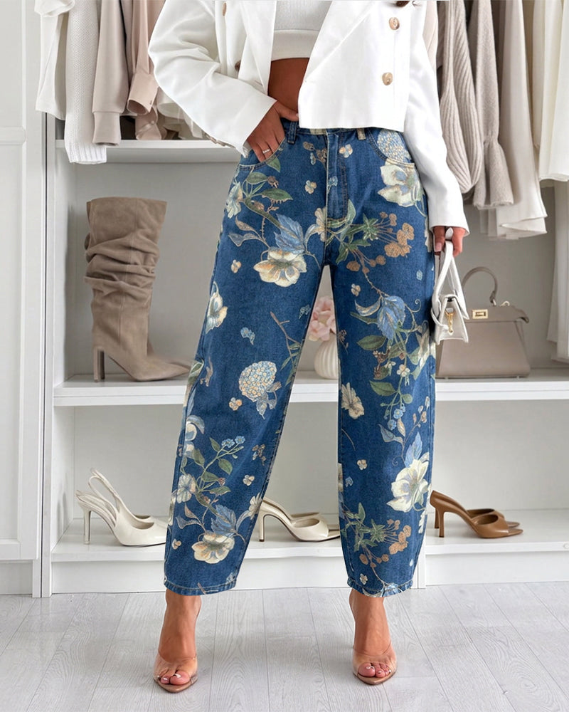 Vaqueros con estampado floral, con botones, con cremallera, con bolsillos