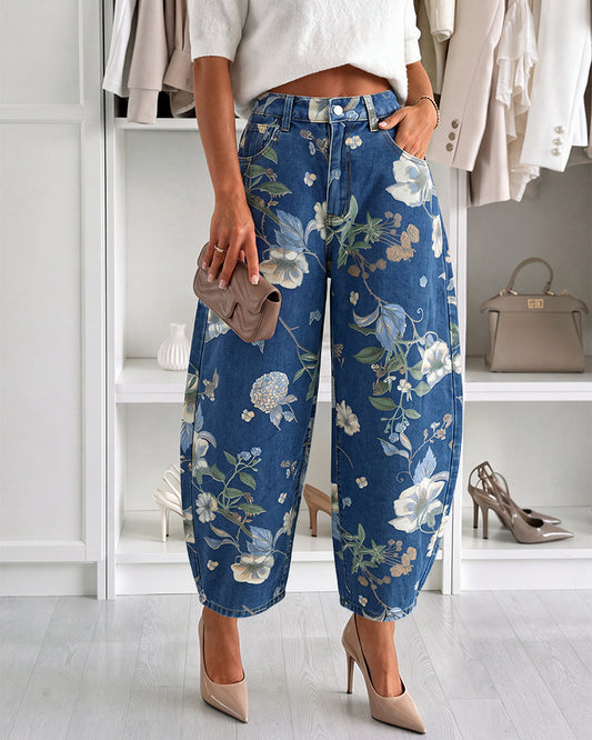 Vaqueros con estampado floral, con botones, con cremallera, con bolsillos