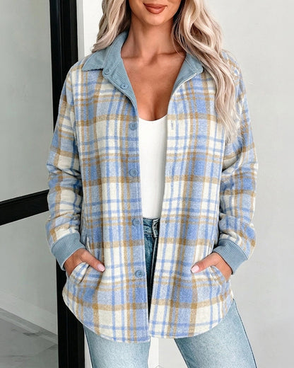 Sobrecamisa de cuadros, liso, de manga larga, con cuello camisero