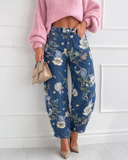 Vaqueros con estampado floral, con botones, con cremallera, con bolsillos