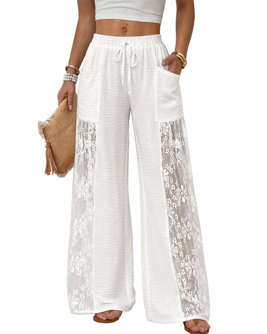 Pantalón con estampado floral, con encaje, con bolsillos, con cordón ajustable