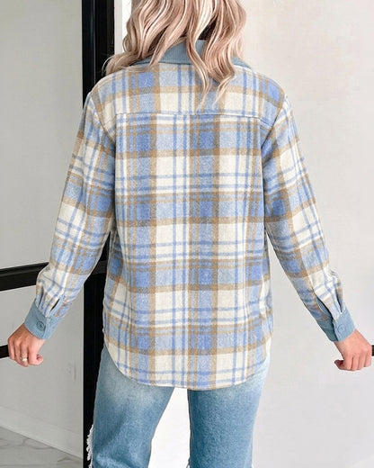 Sobrecamisa de cuadros, liso, de manga larga, con cuello camisero