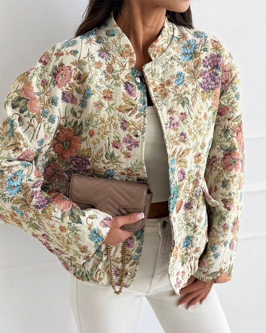 Abrigo con estampado floral, de manga larga, con cuello alto, con botones