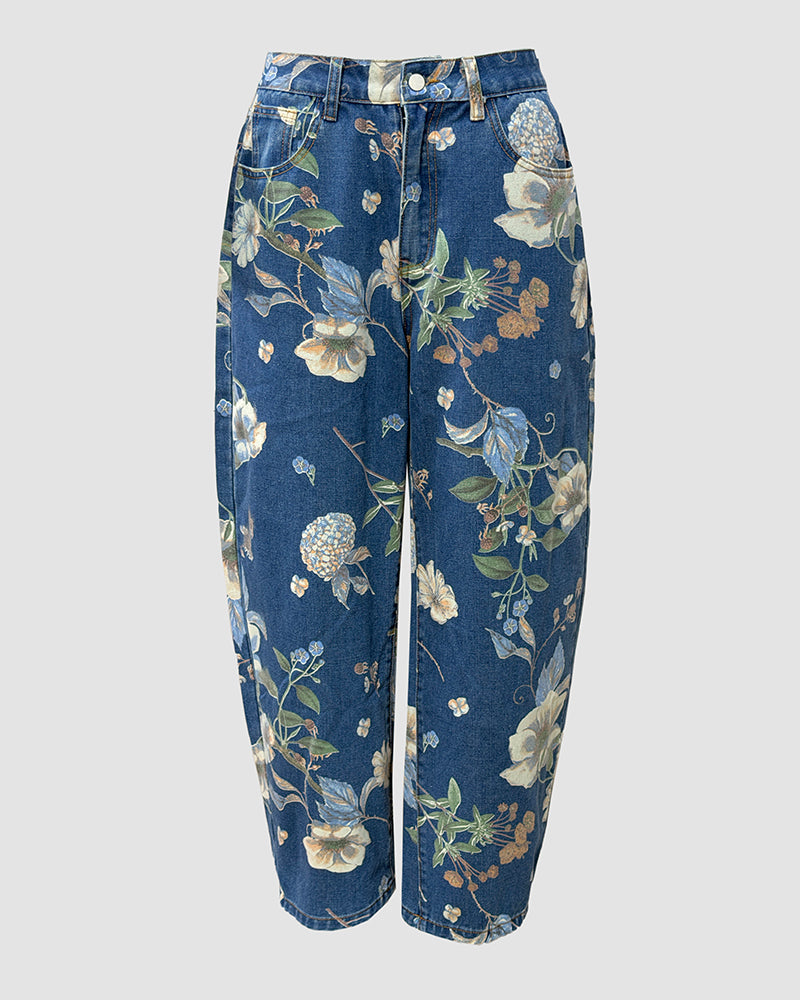 Vaqueros con estampado floral, con botones, con cremallera, con bolsillos