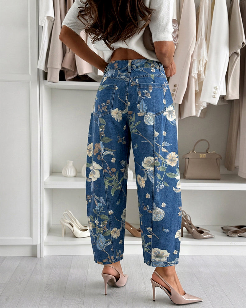 Vaqueros con estampado floral, con botones, con cremallera, con bolsillos