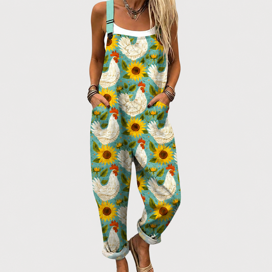 Peto estampado de corte holgado con gallinas y girasoles